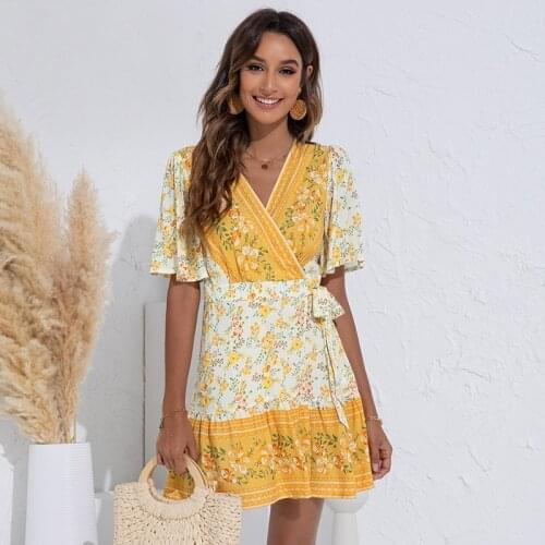 Summer Chic Yellow Women Bohemian Floral Short Dress Deep V Neck Short Sleeve Print Ladies Swing Ruffles Mini Dresses Boho 2021