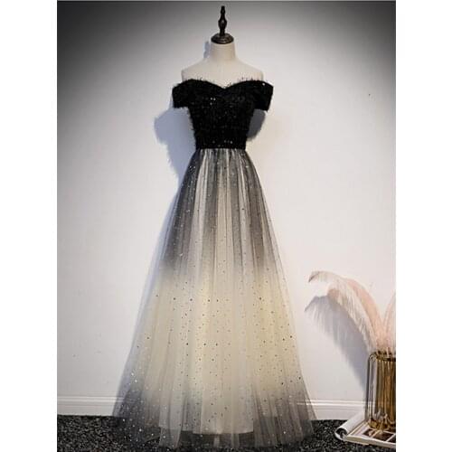 Vestido De Festa Longo Sweetheart Evening Dresses Long Dress Tulle With Sequined Black Evening Dress Vestidos Robe De Soiree