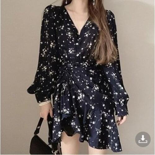 Vintage Print Women V Neck Long Sleeve Drawstring Mini Dress Vestidos 2021 Newest Autumn Slim Irregular Midi Dresses