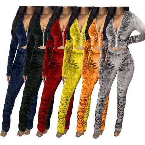 Spring Velvet Stacked Womens Set Zipper Hoodies Ruched Pants Set Sport Tracksuit Two Piece Outfit Active Sweatsuit Plus Size