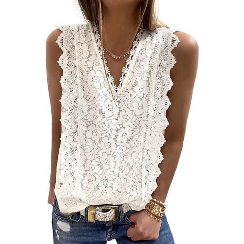 2021 Summer Lace T Shirt Women Fashion Sexy Sleeveless Solid Shirt Hollow Party V-Neck Shirt Tees Plus Size Hot Top Tanks