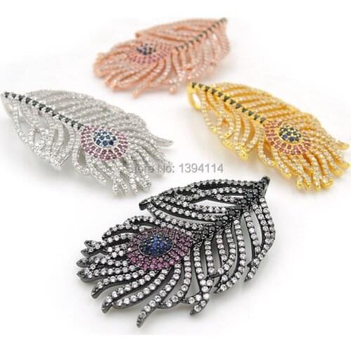 42*25*10mm Micro Pave Black&Clear&Red&Blue CZ Feather Charms Fit For Men And Women Making Necklaces Jewelry