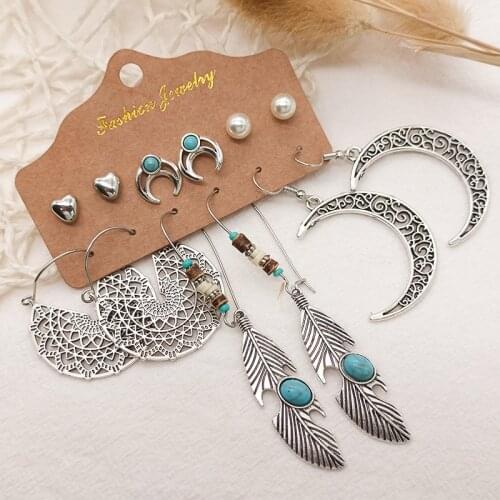 6 Pairs/set Boho Irregular Feather Moon Tassel Dangle Hanging Drop Earrings for Women Fashion Jewelry Earrings Stud Accessories