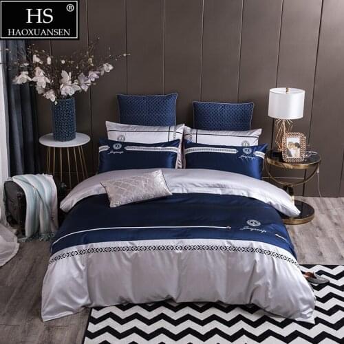 Business Bedding Sets Young Temperament Blue Grey Plaid Design 4Pcs Duvet Cover Bedsheet/Fitted Sheet Pillow Covers Decorative