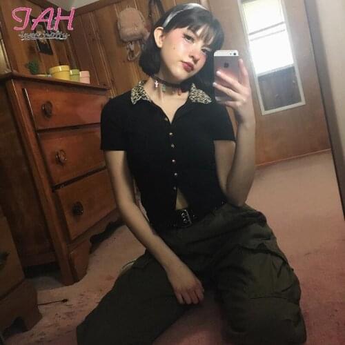 IAMHOTTY Leopard Collar Short Sleeve Tshirt Women Summer Black Casual Cotton Tee Shirt Femme Fashion Korean Crop Tops Tees 2020
