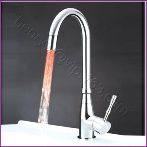 L16573 - Luxury Deck Mounted Chrome Finish Brass Material LED Light Kitchen Faucet