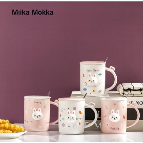 Cartoon Rabbit Coffee Mug Creative Cute Couple Cup Milk Cup Coffee Cup Office Cup with Lid Spoon Girl Gift Ceramic Cup