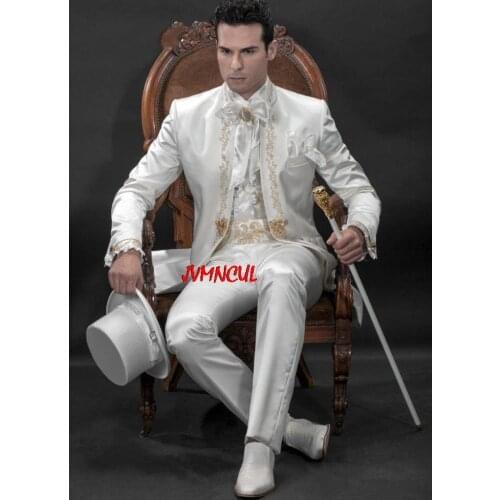 Ivory Stand Collar Men Suits Stand Collar Fashion Tuxedos Embroidered Noble Terno Slim Blazer (Jacket+Pant）DON'T HAVE Bowtie