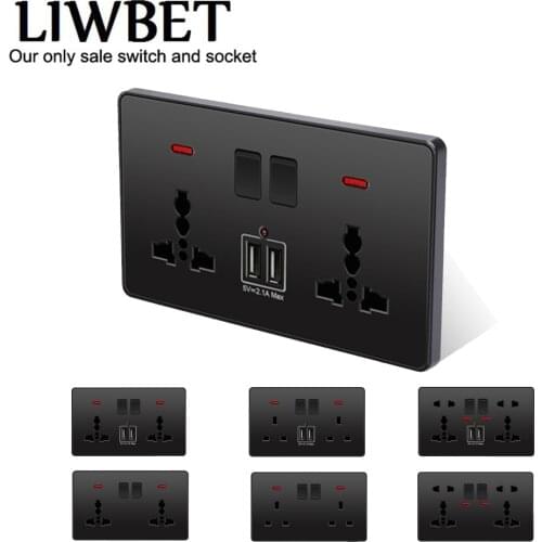 LIWBET Black Color 6 Pin Wall Socket And Plastic Panel Double USB Socket