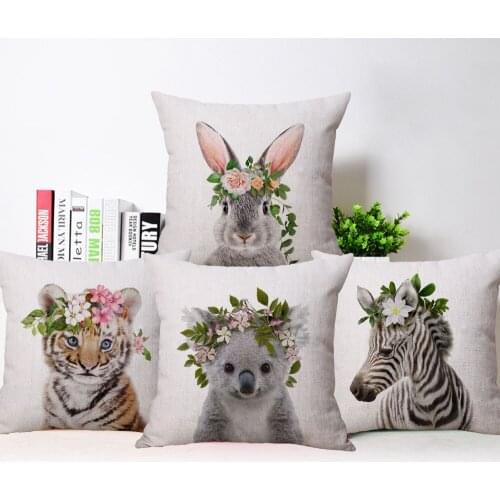 Rabbit Fox Tiger Zebra Owl Baby Animals Cushion Cover Flower Garland Hand Painting Pillowcase Decor 45X45cm Sofa Decoration