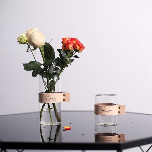 Nordic Chic Glass Storage Jar Bottle with Leather Decor Scandinavian Transparent Desk Storage Bottle Organizer Flower Container
