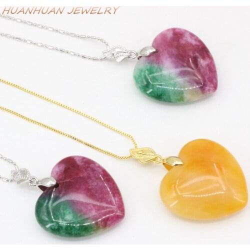 New Arrival Heart Natural Jades Stone Pendant Chain Necklace Chalcedony 30mm Love Necklaces & Pendants For Women Jewelry B3323