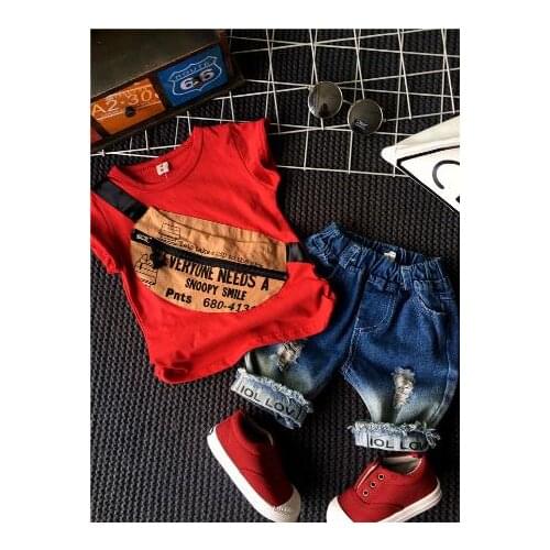 Boys clothing cotton childrens clothing suit summer short-sleeved childrens clothing baby clothes short sleeve + hole shorts