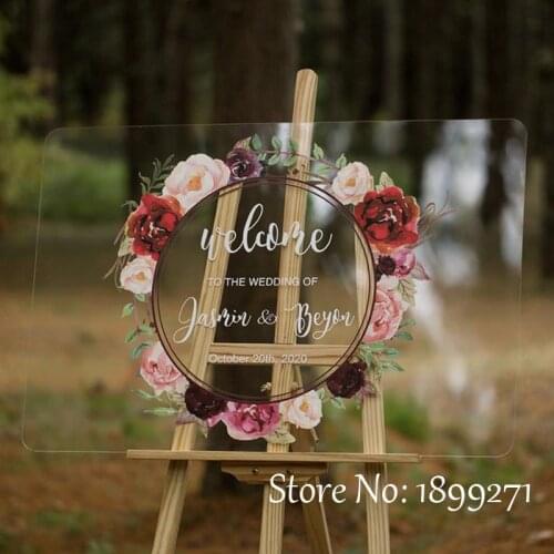 Personalized Floral Acrylic Wedding Party Sign Modern Entrance Welcome Sign Clear Acrylic Flowers Printed Wedding Guide Board