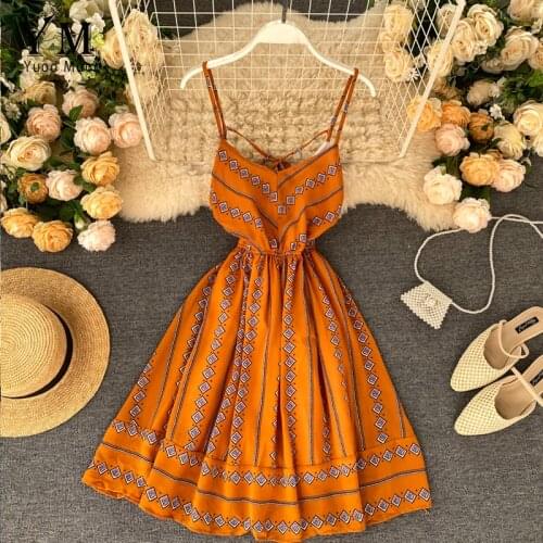 YuooMuoo Women Boho Print Dress Summer V-neck Backless Bandage Beach Chiffon Dress Women Fashion A-line Holiday Dress Sundress
