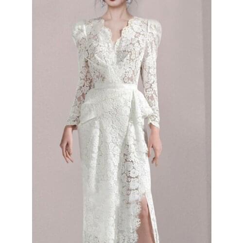 2021 V Neck Woman Dress White Lace Long Sleeve Spring Summer Elegant High End Hollow Out Lady Wedding Party Formal Clothing