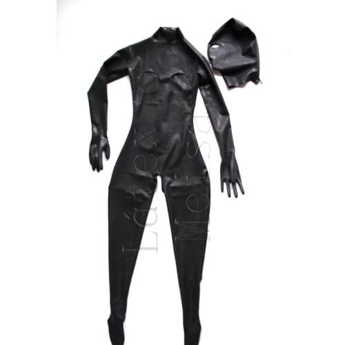 Breast holes & crotchless full cover womens black bdsm latex bondage in Zentai including gloves & seperated hoods with back zip