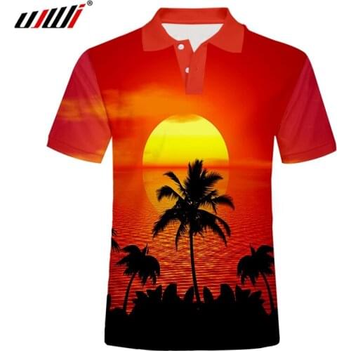 UJWI New 2020 Summer Hawaiian Polo Shirts Men Short Sleeve Breathable Fabric Brand Sunset beach coconut US size