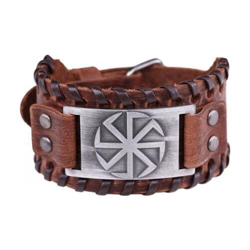 Wide Kolovrat Pendant Slavic Sun Talisman Vintage Round Wrap Supernatural Antique Gold Color Black Bracelet