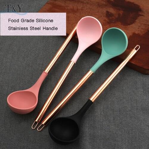 T&Y 1pc Food Grade Silicone Cooking Ladle with Rose Gold Stainless Steel Handle, Nonstick Heat Resistant Soup Ladle Kitchen Tool