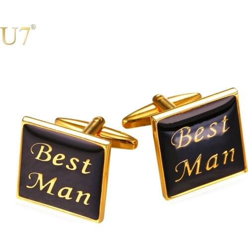 U7 Cuff Button links For Men Office/Wedding Suit Accessories Fashion Jewelry Black Gold Color Best Man Letter Cufflinks C026