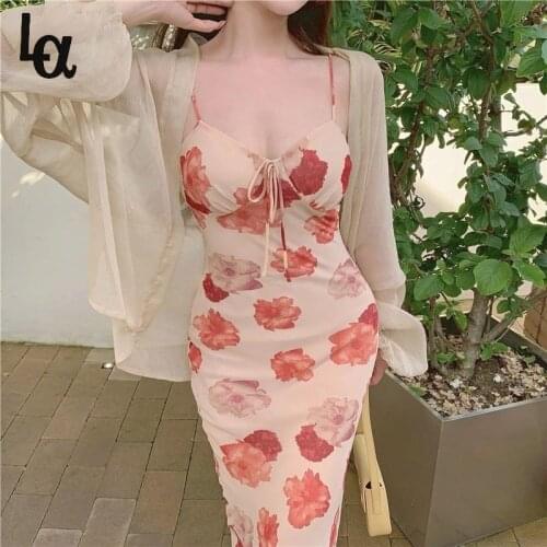 Luck A French Vintage Strap Dress Women Sweet Elegant Sleeveless Sexy Floral Dress Casual V-neck Beach Party Dress Summer 2021