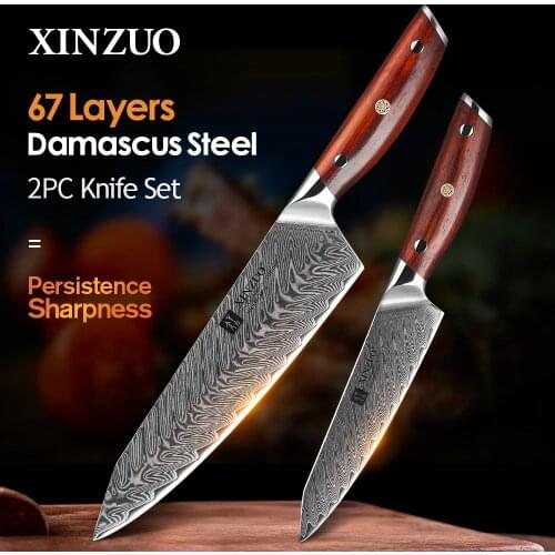 XINZUO 2 PCS Kitchen Knives Damascus Japanese VG10 Core Razor Sharp Blade High Carbon Strong Hardness with Rose wood Handle