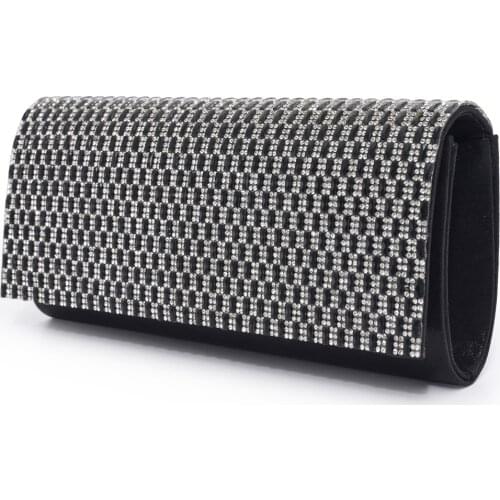Woman Glittery Satin Evening Clutch Bag Rhinestones Slim Paillette Decor Formal Handbag Shoulder Bag For Wedding Party Black