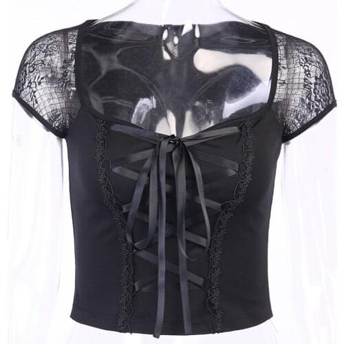 Goth Clothes Vintage Bodycon Bandage Lace Black T-shirt Women Grunge Tops Streetwear Sexy Female Top Casual Mesh Tee Emo Punk