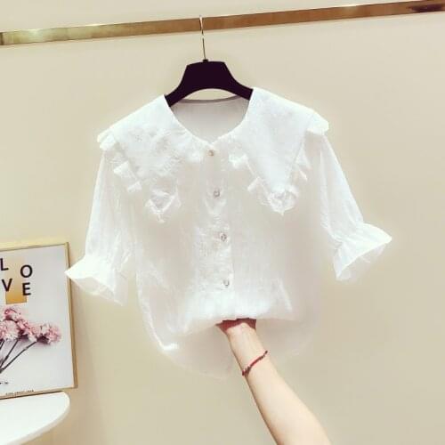 Lace Button Women Shirts 2021 Summer New Turn-down Collar Ruffles Solid Office Lady Elegatn White Shirts Outwear Tops