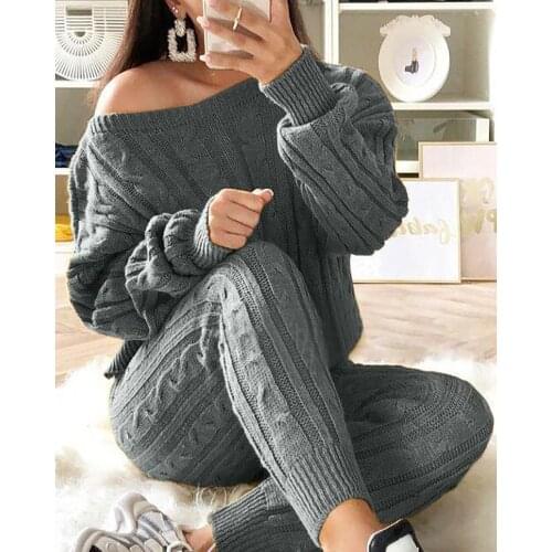 2020 Women Fashion Warm Winter Knit Elegant Skew Neck Long Sleeve Solid Ribbed Knitting Casual Sweater & Pants Sets Leisurewear