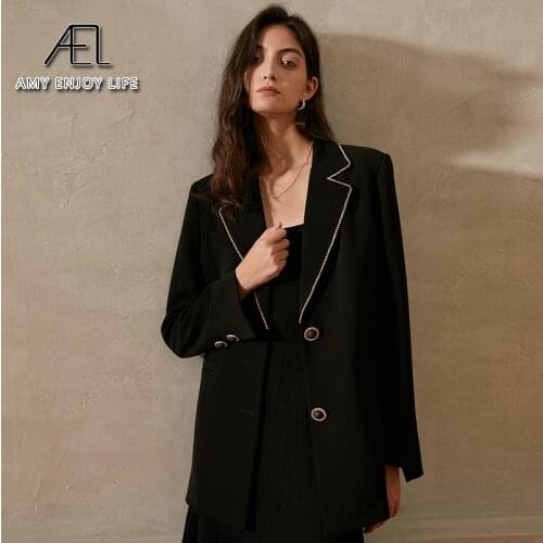 AEL Black Party Blazer Women Spring Fashion Diamonds Lapel Elegant Suit Coat High Quality Clothing