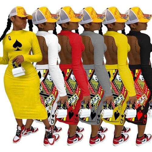 Women Long Sleeve Dress Sexy Backless Long Dress Printed Poker Q Spades Fall Clothings Party Night Club Plus Size Dresses S-3XL