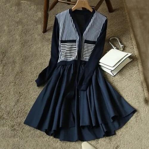 Casual Long Sleeve Knee-Length Dress Women Blue 2021 Autumn Knitting Striped Patchwork Woman Dresses Clothing Femme Robe