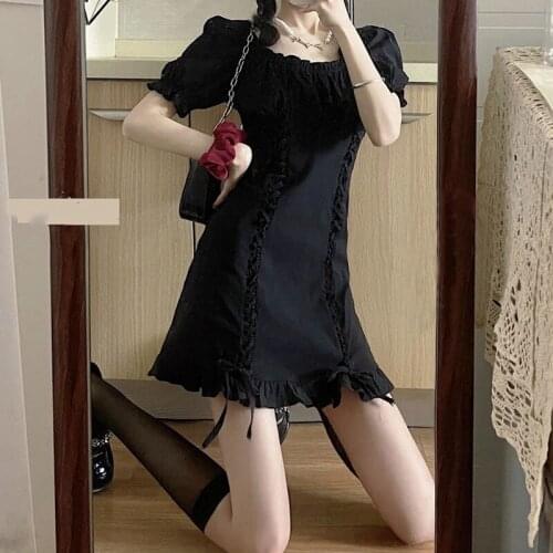 French Vintage Summer Dresses Women Casual Puff Sleeve Black Elegant Mini Dress Females Design One Piece Dress Korean Gothic