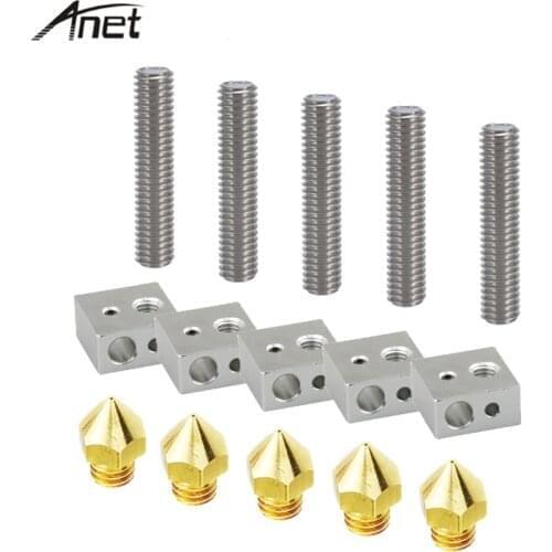5pcs 40mm Throat Tube 5pcs Heater Block 5pcs 0.4mm Brass Nozzle Print Heads Heating Hotend for MK8 Makerbot Anet A6 3D Printer