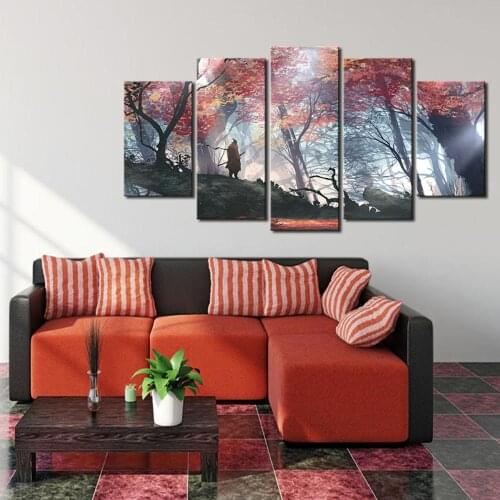 5 Piece Wall Art Canvas Anime Manga Samurai & Maple Forest Figure Posters And Prints Home Living Room Decoration Paintings