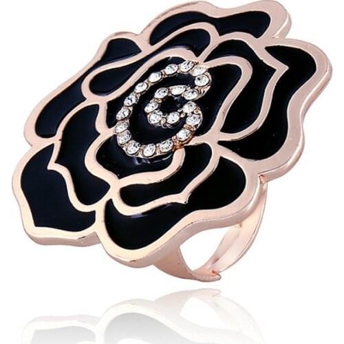 Big Black Rose Shaped Red Enameling Rhinestone Exaggerated Adjustable Wedding Rings for Women Girls Fashion Jewelry