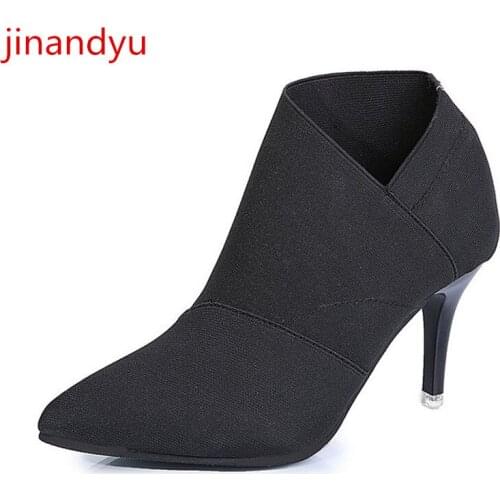 Size 41 Pointed Toe Ankle Boots Women High Heels Fashion Elastic Knitting Grey Black Heels Boot Shoe Sexy Comfort Ankle Boots