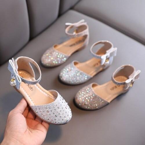 Children Girls Sandals Fashion Leather Shoes with Bow Girl Kids Single Shoes Pearl Rhinestones Cute Princess Sandals