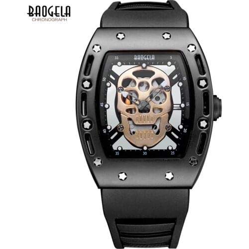 Baogela Fashion Mens Skeleton Skull Luminous Quartz Watches Military Style Black Silicone Rectangle Dial Wristwatch for Man1612