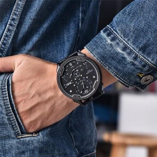Oulm HP3548M Two Time Zone Male Clock Genuine Leather Strap Wristwatch Big Size Dial Luxury Brand Sport Mens Watches