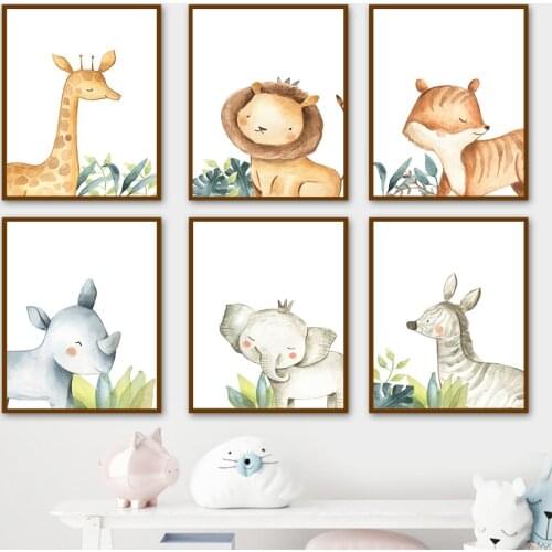 Lion Tiger Zebra Giraffe Elephant Rhino Cartoon Wall Art Canvas Painting Nordic Poster And Prints Wall Pictures Kids Room Decor