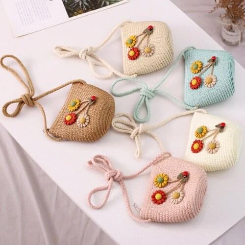 New 2020 Summer Children Girls Shoulder Bag Ladybird Flowers Straw Messenger Bag Kids Keys Coin Purse Cute Princess Mini Handbag