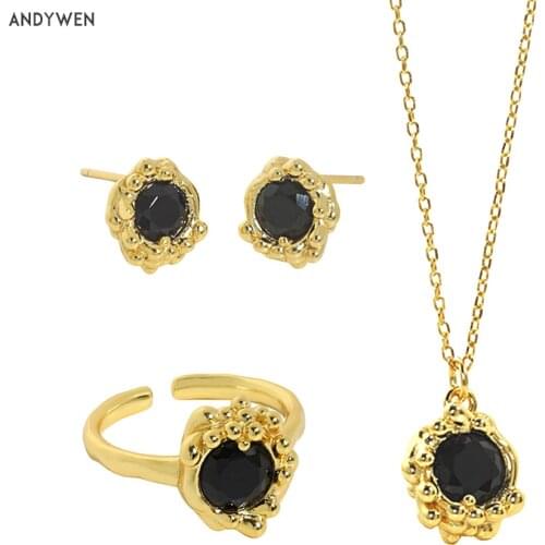 ANDYWEN 925 Sterling Silver Black Zircon Charm Pendant Long Chain Necklace Choker Resizable Rings Piercing Earrings Jewelry Set