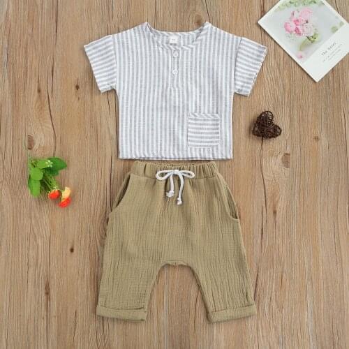 0-3 Years Baby Boys Casual Clothes Suits Tracksuit Stripes Short Sleeves Tops + Solid Casual Pants Suit for Toddler 2Pcs Summer