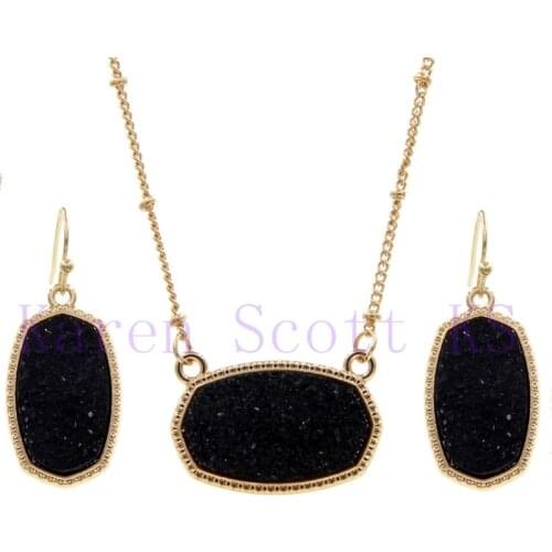 Oval Style Resin Druzy Drusy Pendant Necklace with Matching Hexagon Druse Charms Gold Drop Earrings Fashion Jewelry Set Gift