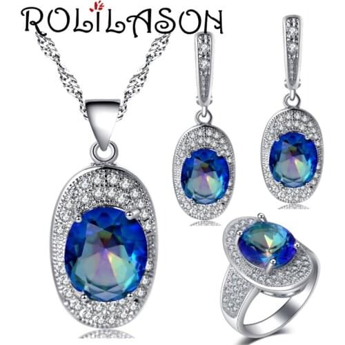 ROLILASON Silver ingots Rainbow color For girl Earrings Necklace pendant Rings Jewelry Sets USA size #6#7#8#9#10 JS714
