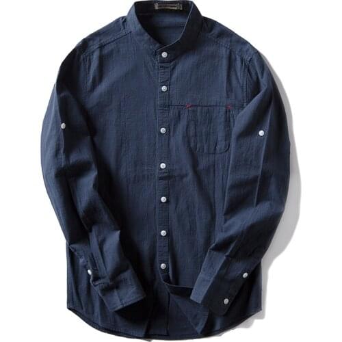 Spring Shirt Mens Cotton Linen Autumn Shirt Casual Stand-Up Collar Long-Sleeved Shirt Imitation Linen Solid Color Mens Shirt