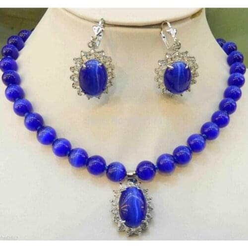 Sapphire Blue Mexican Opal Round Beads Gems Pendant Necklace Earring Set 18"